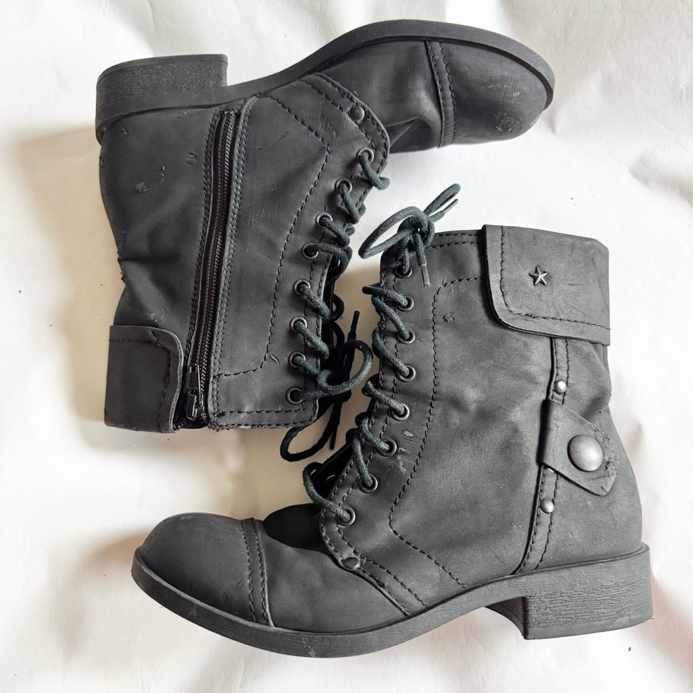 SKECHERS Black Lace Up Combat Moto Boots Motorcycle Women's sx 7 Ankle Booties